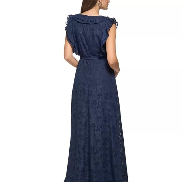 Dkny Women's Flutter-Sleeve Ruffle-Front Tie-Waist Gown - Spring Navy - Picture 3 of 3